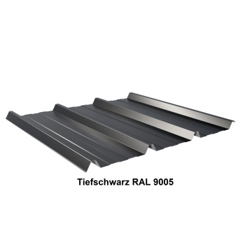 Trapezblech Dach 45/333 | Profilblech | Stahl | Beschichtung 80 µm | Stärke 0,5 mm | RAL 9005 Tiefschwarz mit 2400 g/m² Antikondensvlies (Soundcontrol)